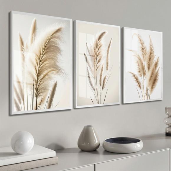 Kit 3 Quadros Decorativos Folhagem Bege Boho Moldura e Vidro