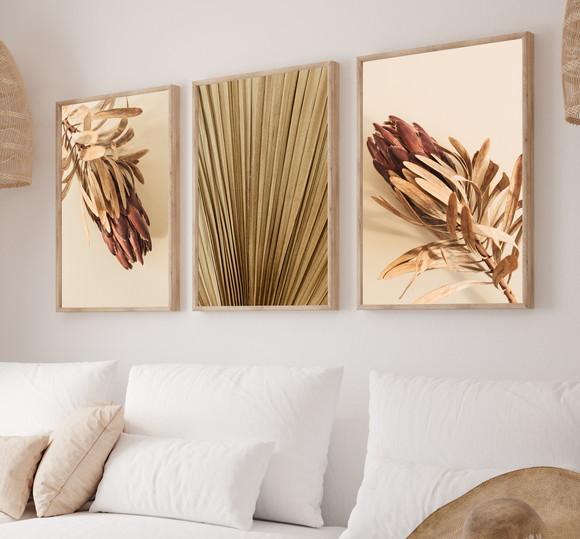 Kit 3 Quadros Decorativos Folhagem Bege Para Sala Moldura