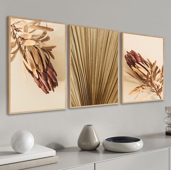 Kit 3 Quadros Decorativos Folhagem Bege Para Sala Moldura