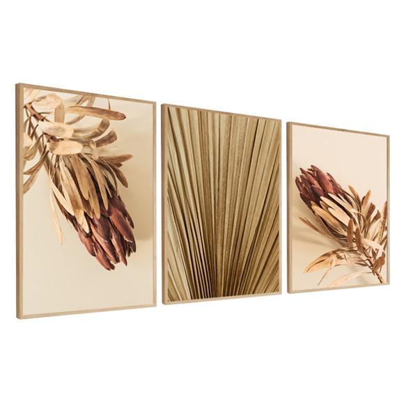 Kit 3 Quadros Decorativos Folhagem Bege Para Sala Moldura
