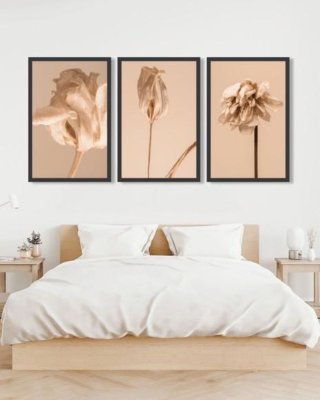 Kit 3 Quadros Decorativos Folhagem Bege Para Sala Moldura