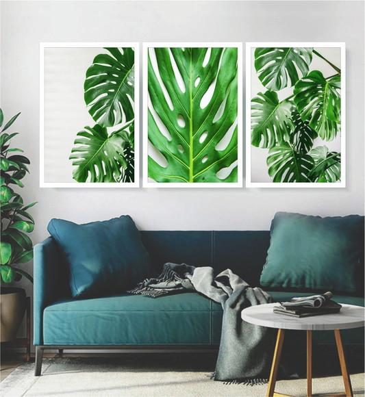Kit 3 Quadros Decorativos Folhagem Botânico Sala Com Moldura