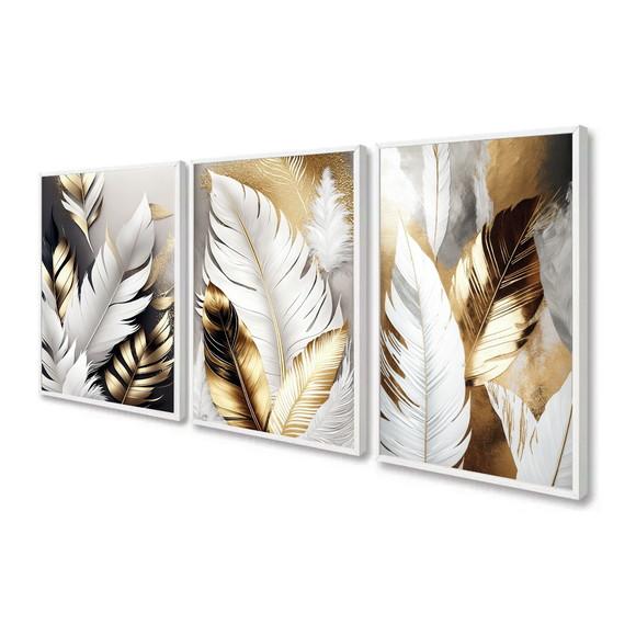 Kit 3 Quadros Decorativos Folhagem Branca Dourada Moldura