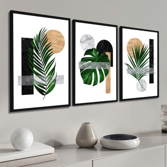 Kit 3 Quadros Decorativos Folhagem Costela De Adão Moldura
