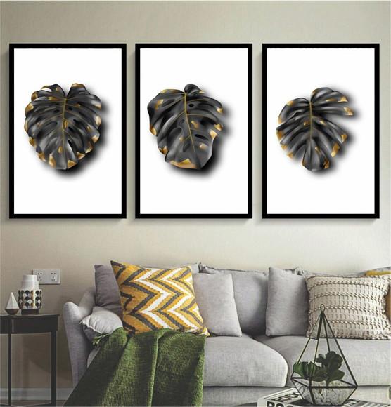 Kit 3 Quadros Decorativos Folhagem Costela De Adão Sala Hall