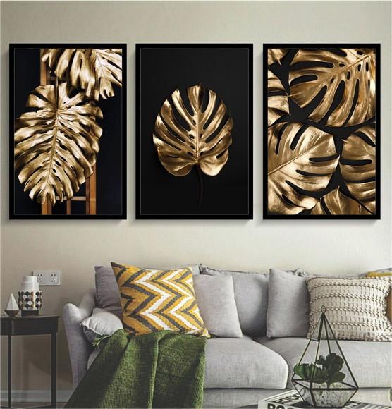 Kit 3 Quadros Decorativos Folhagem Costela Dourada Sala Hall