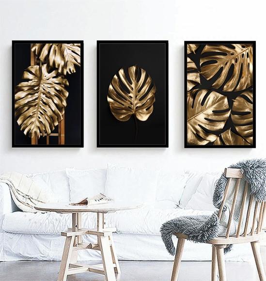 Kit 3 Quadros Decorativos Folhagem Costela Dourada Sala Hall