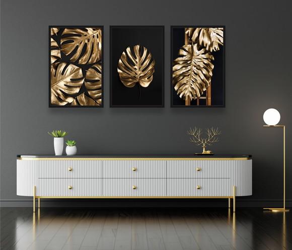 Kit 3 Quadros Decorativos Folhagem Costela Dourada Sala Hall