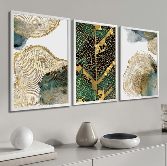 Kit 3 Quadros Decorativos Folhagem Dourada Abstrato Moldura