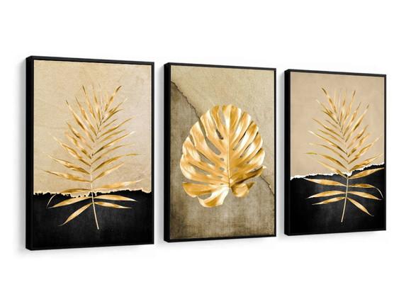 Kit 3 Quadros Decorativos Folhagem Dourada Abstrato Moldura