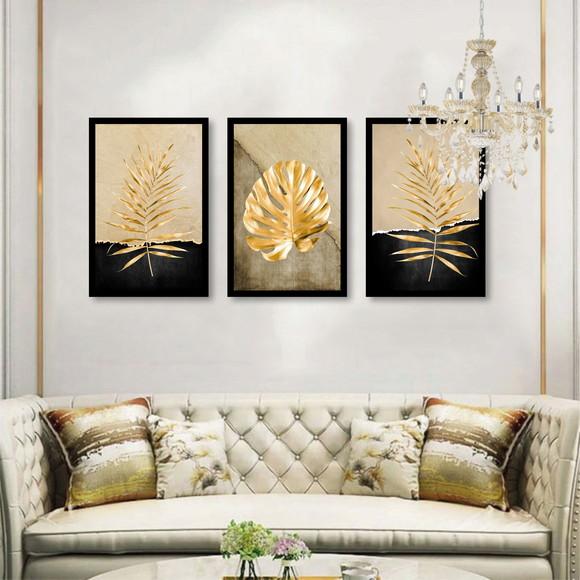 Kit 3 Quadros Decorativos Folhagem Dourada Abstrato Moldura