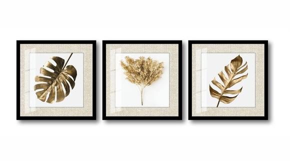 Kit 3 Quadros Decorativos Folhagem Dourada Com Moldura Vidro