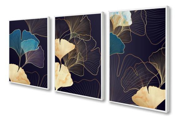 Kit 3 Quadros Decorativos Folhagem Dourada Azul Com Moldura