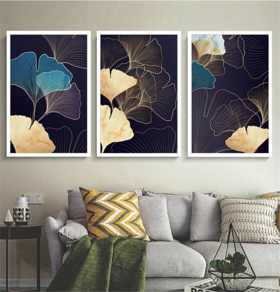 Kit 3 Quadros Decorativos Folhagem Dourada Azul Com Moldura