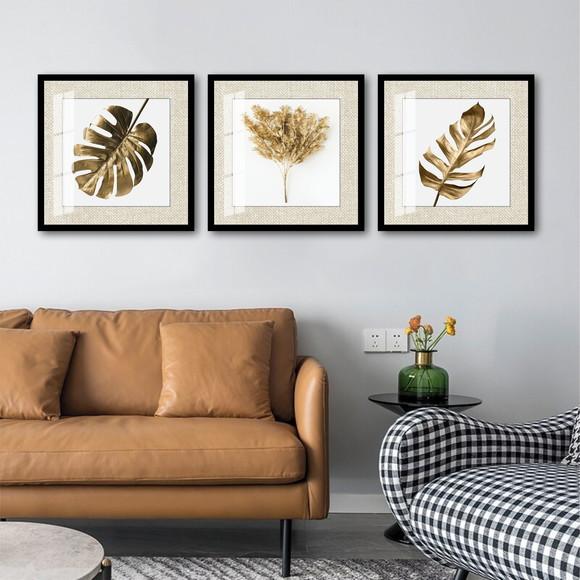 Kit 3 Quadros Decorativos Folhagem Dourada Com Moldura Vidro