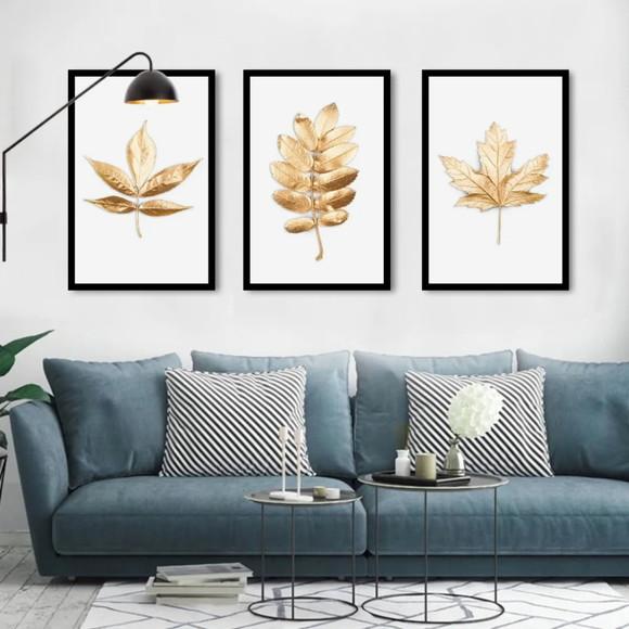 Kit 3 Quadros Decorativos Folhagem Dourada Flores Moldura