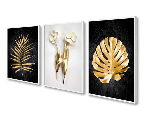 Kit 3 Quadros Decorativos Folhagem Dourada Gold Com Moldura