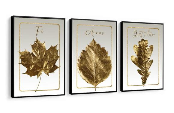 Kit 3 Quadros Decorativos Folhagem Dourada Frases Moldura