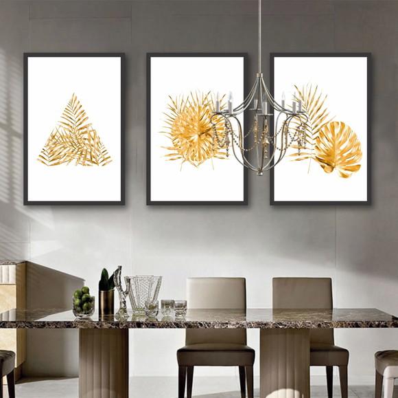 Kit 3 Quadros Decorativos Folhagem Dourada Gold Com Moldura