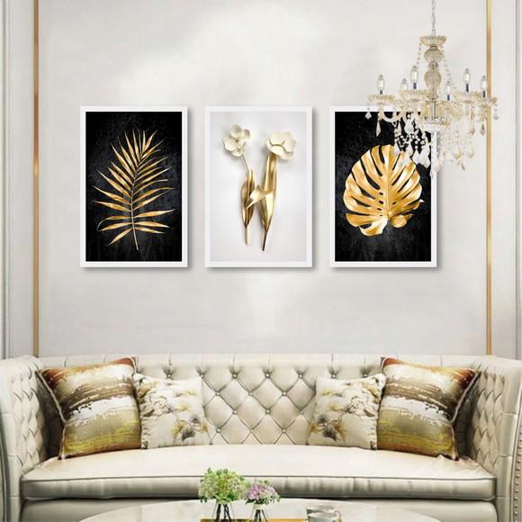 Kit 3 Quadros Decorativos Folhagem Dourada Gold Com Moldura