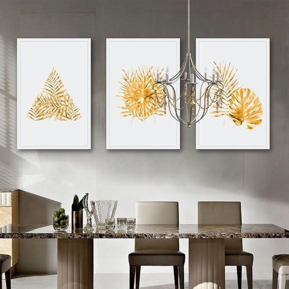 Kit 3 Quadros Decorativos Folhagem Dourada Gold Com Moldura