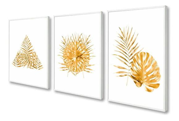 Kit 3 Quadros Decorativos Folhagem Dourada Gold Com Moldura