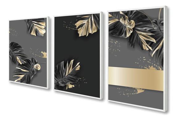 Kit 3 Quadros Decorativos Folhagem Dourada Gold Com Moldura