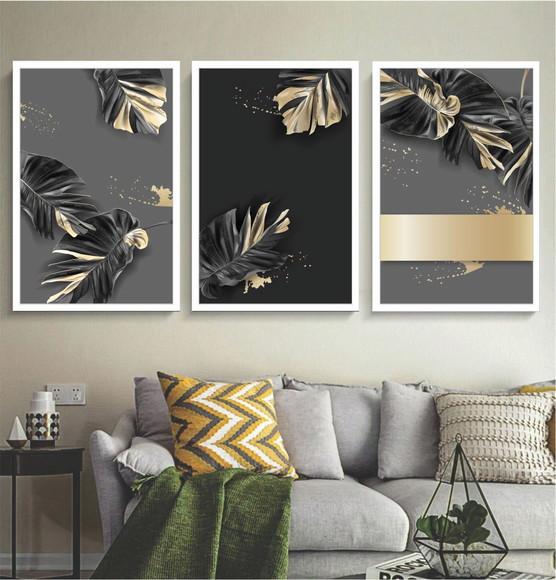 Kit 3 Quadros Decorativos Folhagem Dourada Gold Com Moldura