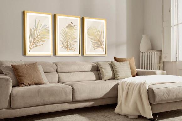 Kit 3 Quadros Decorativos Folhagem Dourada Gold com Molduras