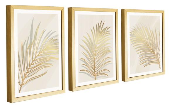 Kit 3 Quadros Decorativos Folhagem Dourada Gold com Molduras