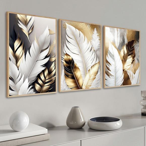 Kit 3 Quadros Decorativos Folhagem Dourada Gold Sala Moldura