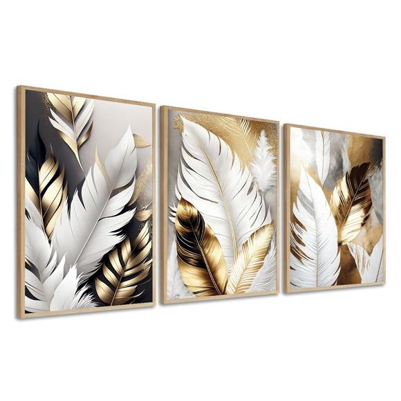 Kit 3 Quadros Decorativos Folhagem Dourada Gold Sala Moldura