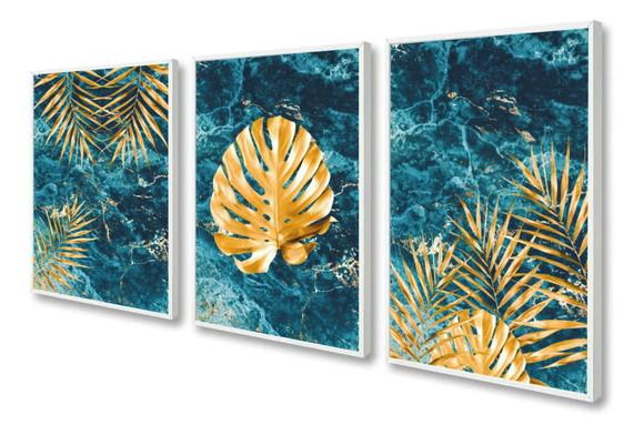 Kit 3 Quadros Decorativos Folhagem Dourada Mármore Moldura