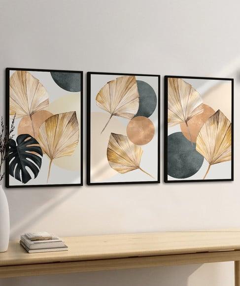 Kit 3 Quadros Decorativos Folhagem Dourada Moderna Moldura
