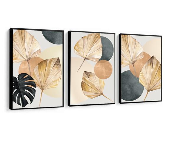 Kit 3 Quadros Decorativos Folhagem Dourada Moderna Moldura
