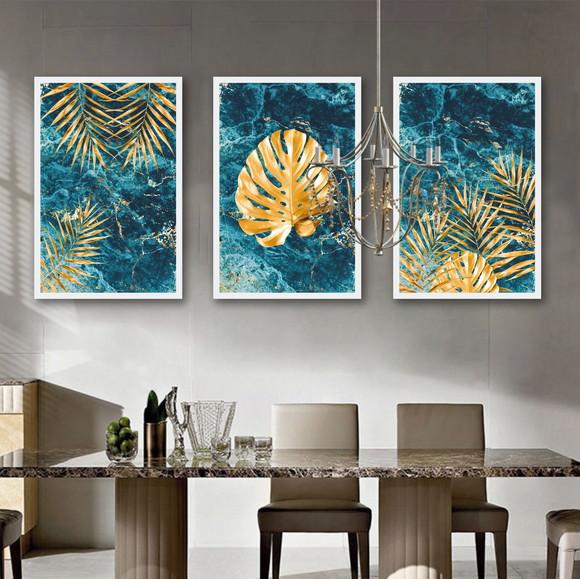 Kit 3 Quadros Decorativos Folhagem Dourada Mármore Moldura