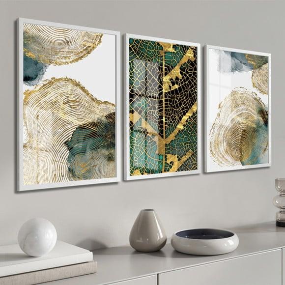 Kit 3 Quadros Decorativos Folhagem Dourada Moldura E Vidro