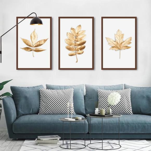 Kit 3 Quadros Decorativos Folhagem Dourada Modernos Molduras