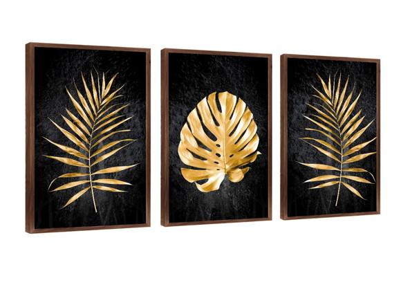 Kit 3 Quadros Decorativos Folhagem Dourada Para Sala Moderna