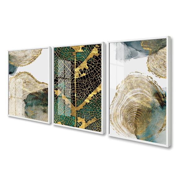 Kit 3 Quadros Decorativos Folhagem Dourada Moldura E Vidro
