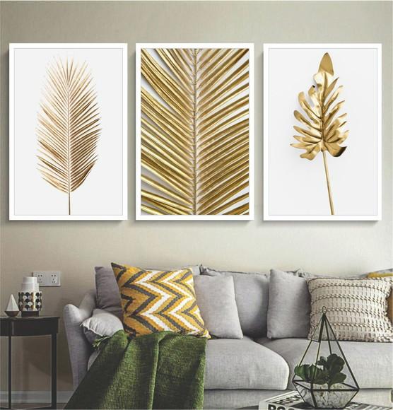 Kit 3 Quadros Decorativos Folhagem Dourada Para Sala Moldura