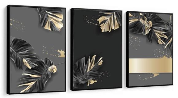 Kit 3 Quadros Decorativos Folhagem Dourada Para Sala Moldura