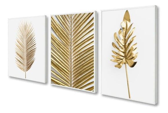 Kit 3 Quadros Decorativos Folhagem Dourada Para Sala Moldura