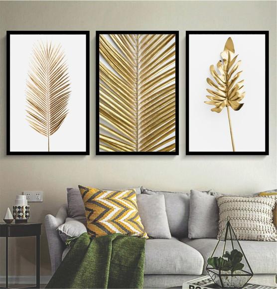 Kit 3 Quadros Decorativos Folhagem Dourada Para Sala Moldura