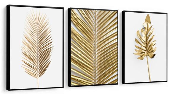 Kit 3 Quadros Decorativos Folhagem Dourada Para Sala Moldura