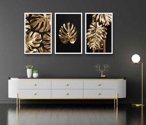 Kit 3 Quadros Decorativos Folhagem Dourada Sala Hall Moldura