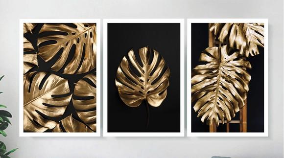 Kit 3 Quadros Decorativos Folhagem Dourada Sala Hall Moldura
