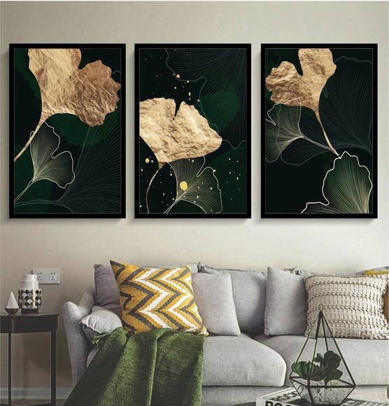 Kit 3 Quadros Decorativos Folhagem Dourada Verde Com Moldura