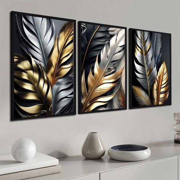 Kit 3 Quadros Decorativos Folhagem Douradas Gold com Moldura