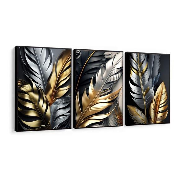 Kit 3 Quadros Decorativos Folhagem Douradas Gold com Moldura